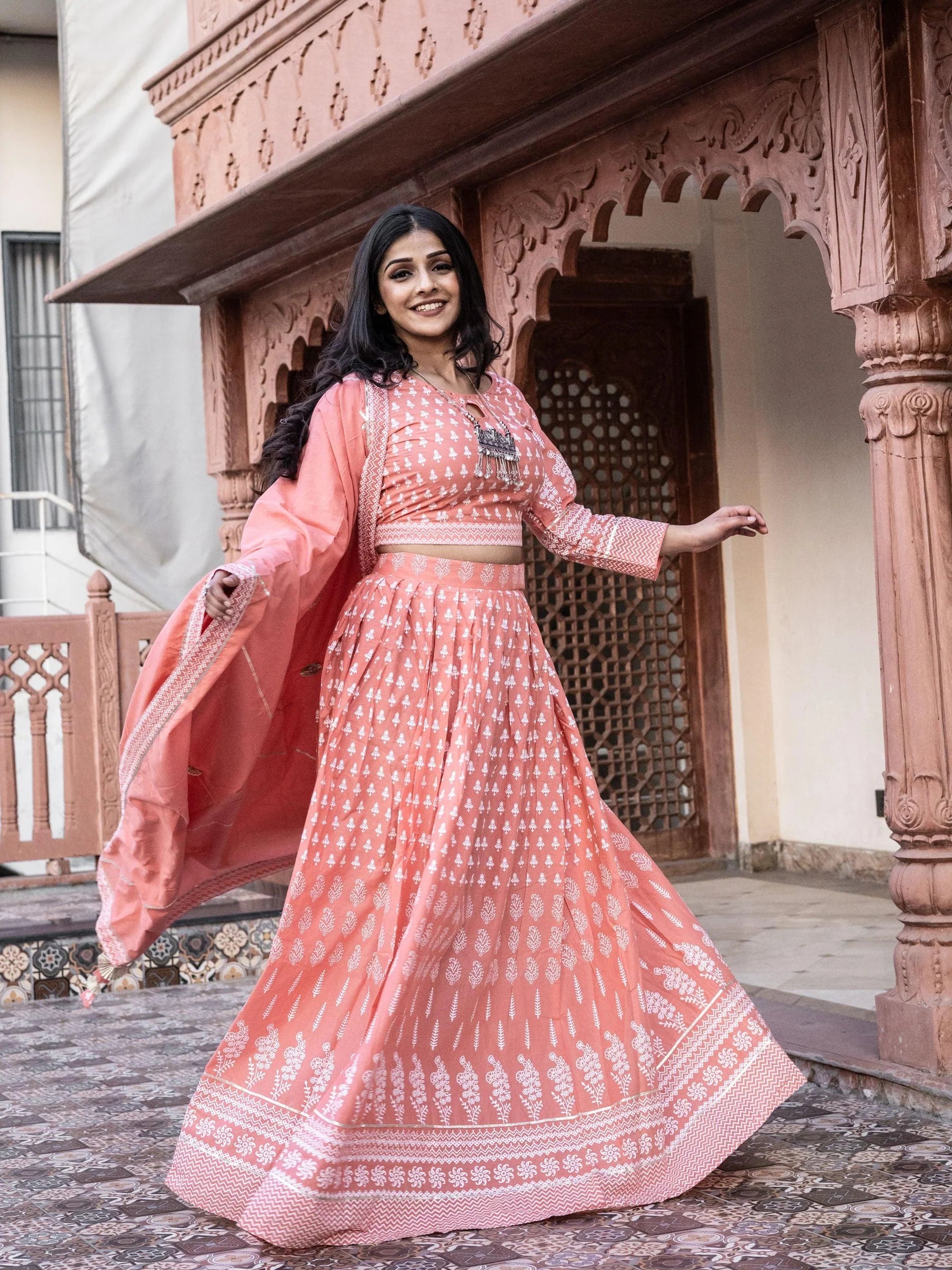 Nalini Pink Printed Crop Top, Lehenga With Dupatta Set