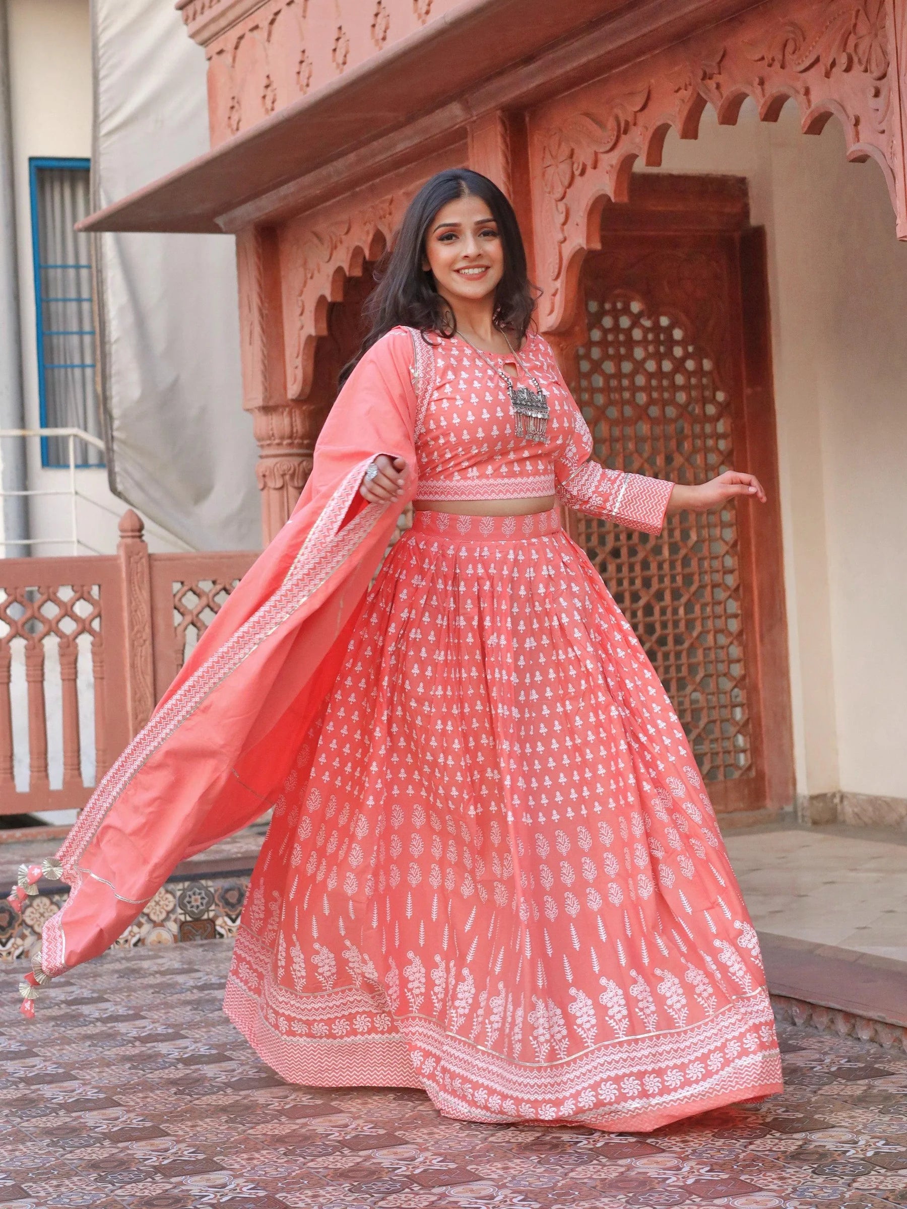 Nalini Pink Printed Crop Top, Lehenga With Dupatta Set
