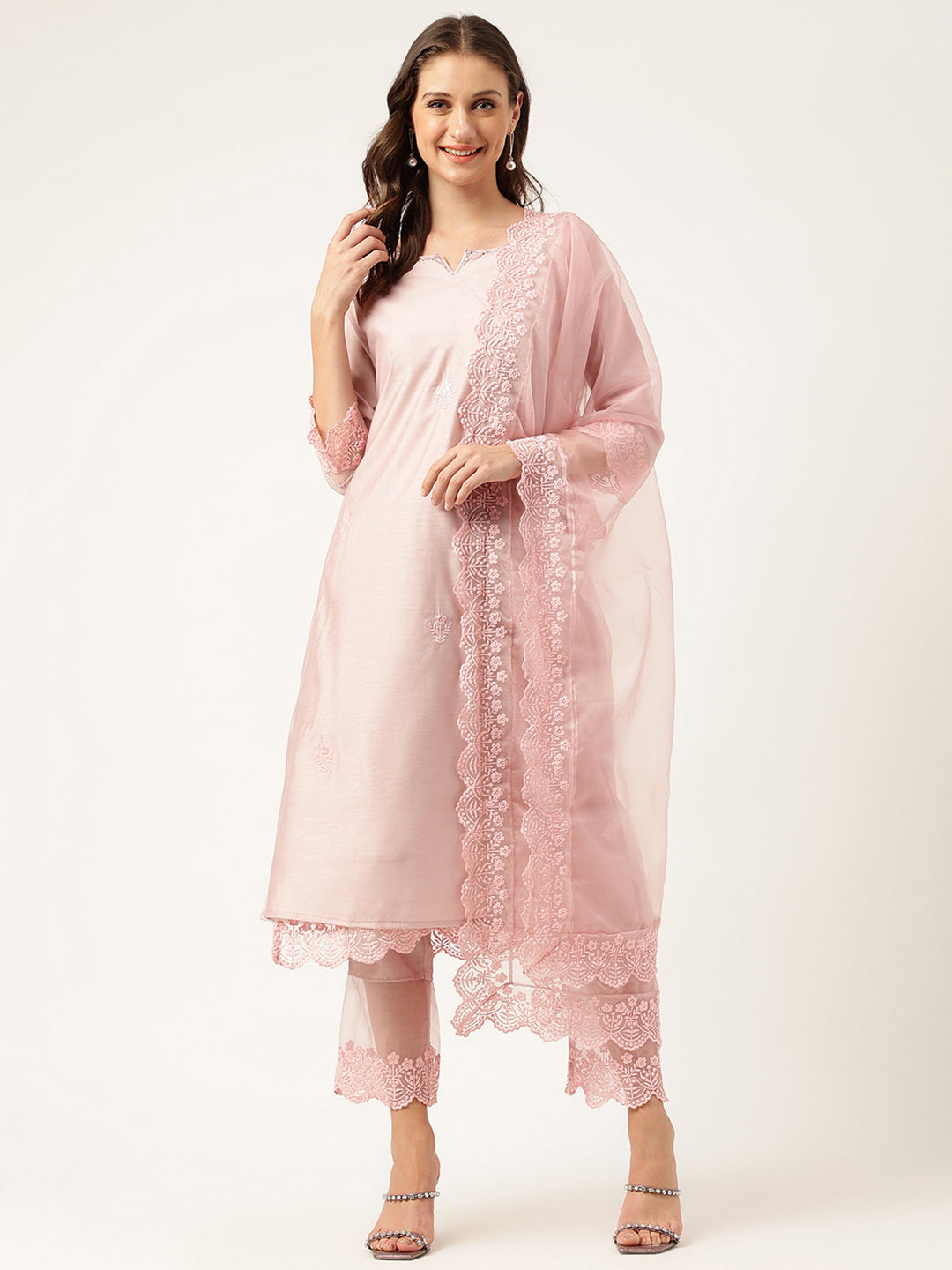 Solid Chanderi Kurta with Inner, Trouser Inner & Dupatta Set