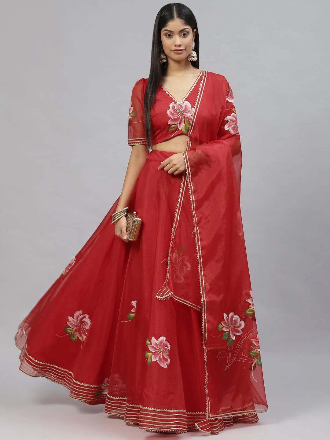 Dutika Red Hand Painted Organza Flared Lehenga Choli Set With Organza Dupatta