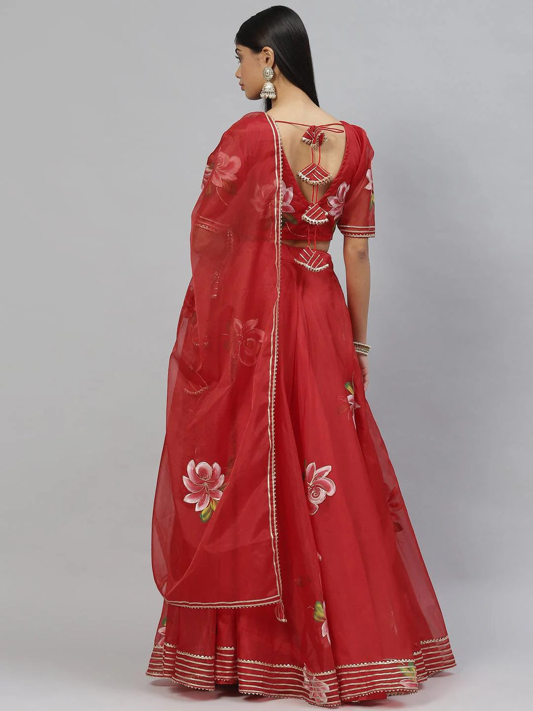 Dutika Red Hand Painted Organza Flared Lehenga Choli Set With Organza Dupatta