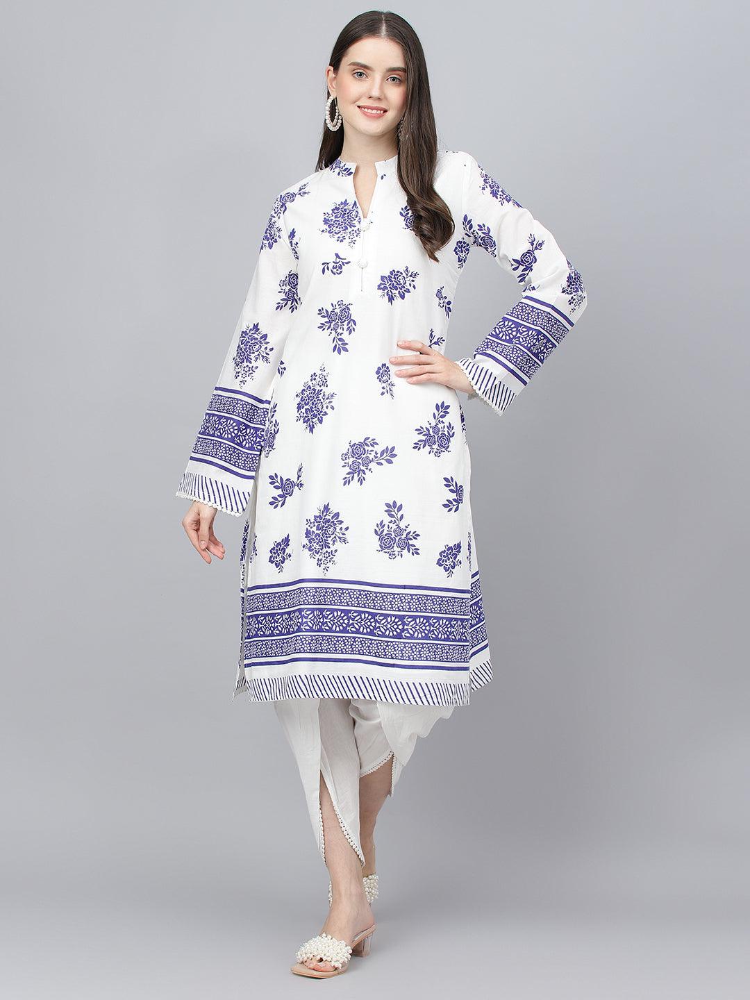 Divena White Floral Printed Straight Kurta With tulip pant - divena world