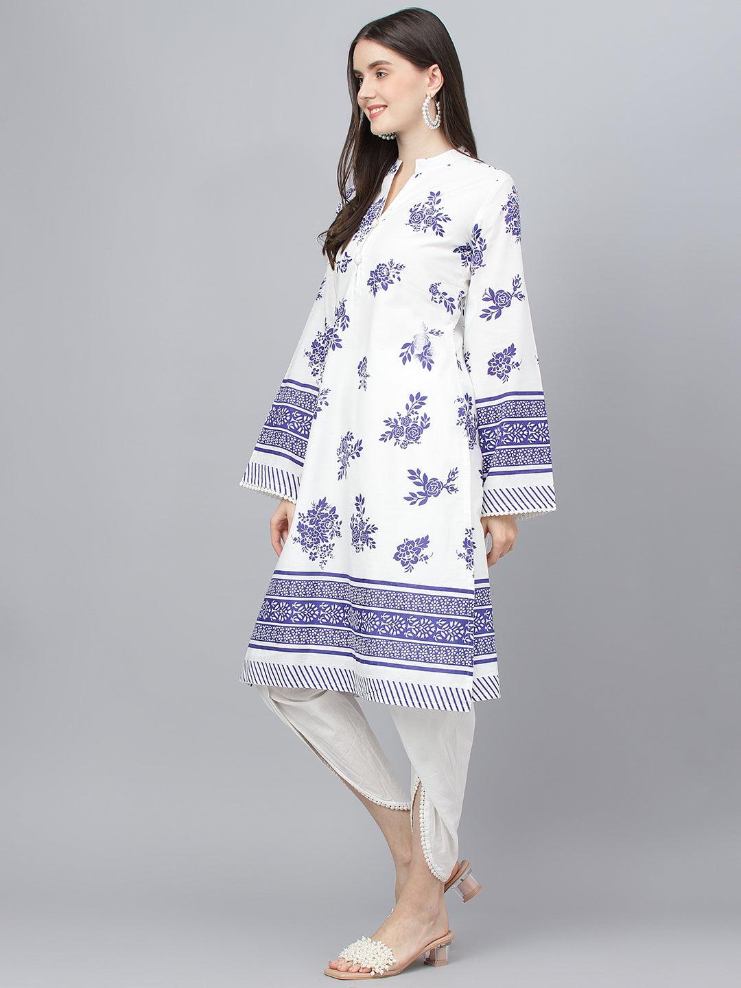 Divena White Floral Printed Straight Kurta With tulip pant - divena world