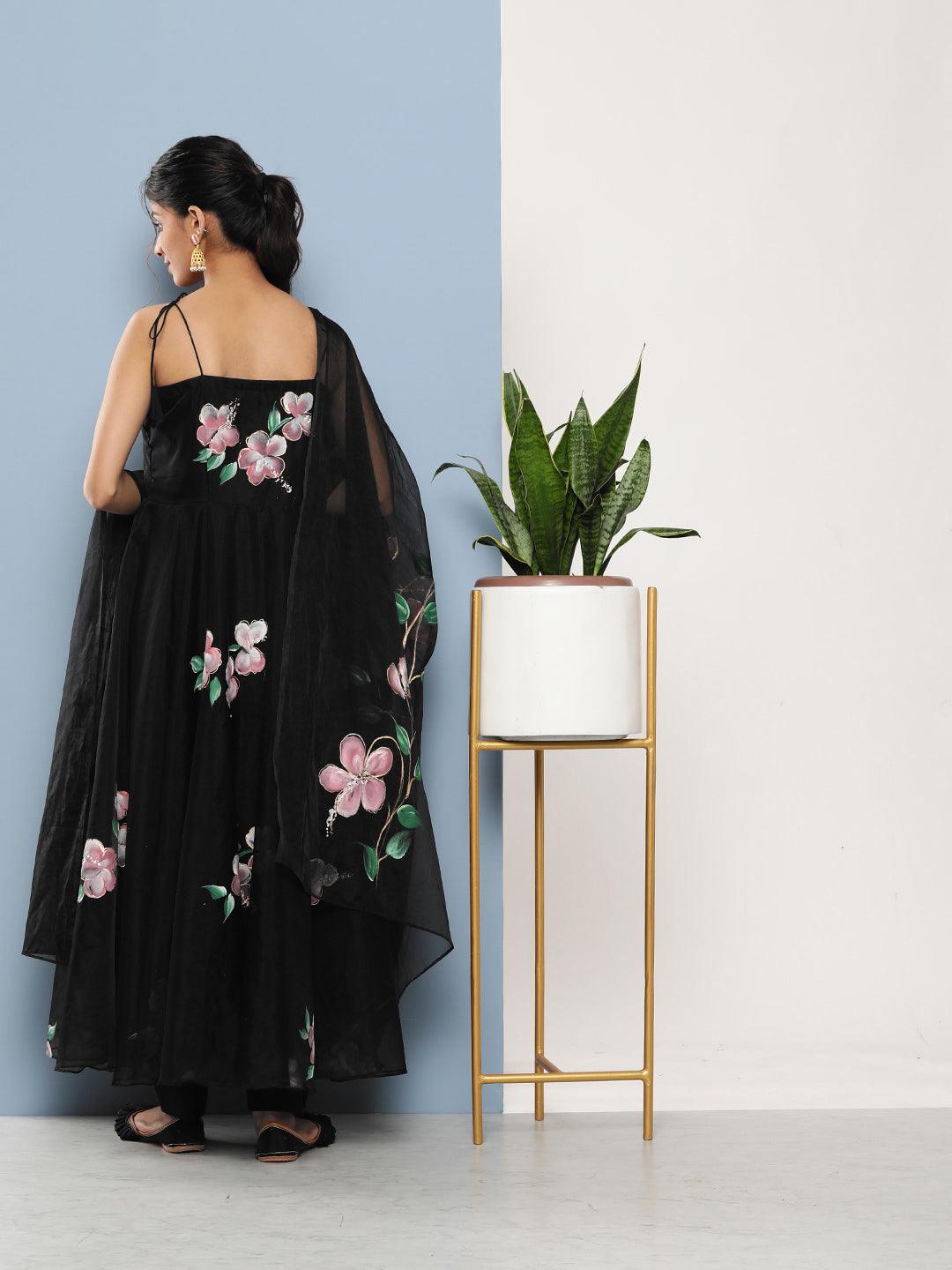 Divena Black Hand Painted Floral Organza Anarkali Kurta Pant Set with Dupatta - divena world
