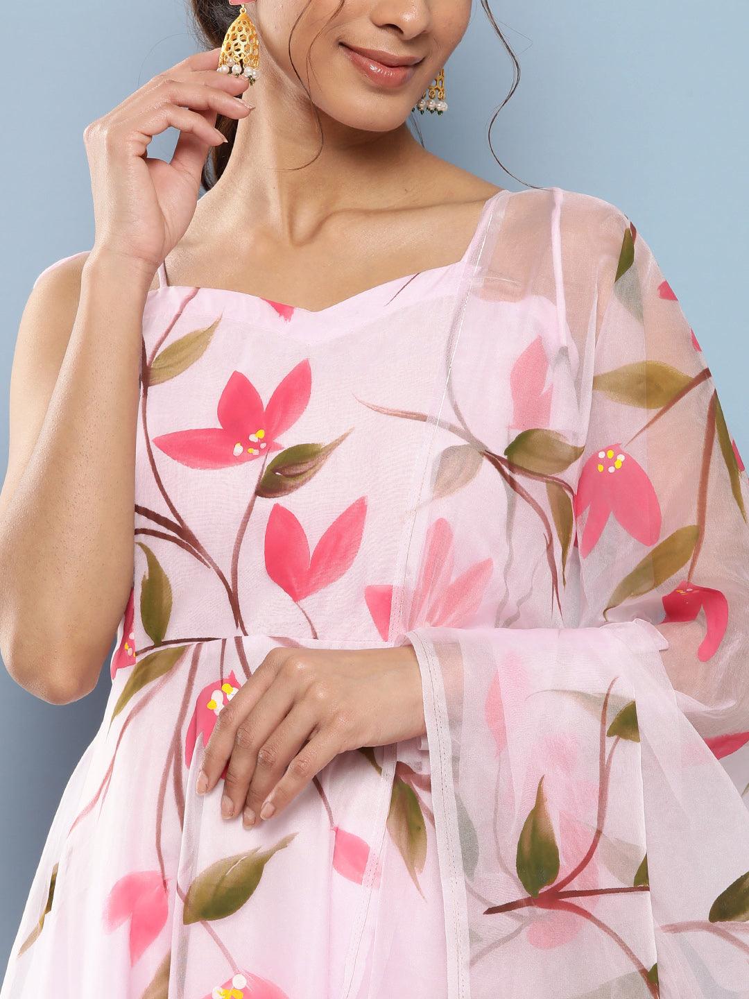 Divena Pink Hand Painted Floral Organza Anarkali Kurta Pant Set with Dupatta - divena world