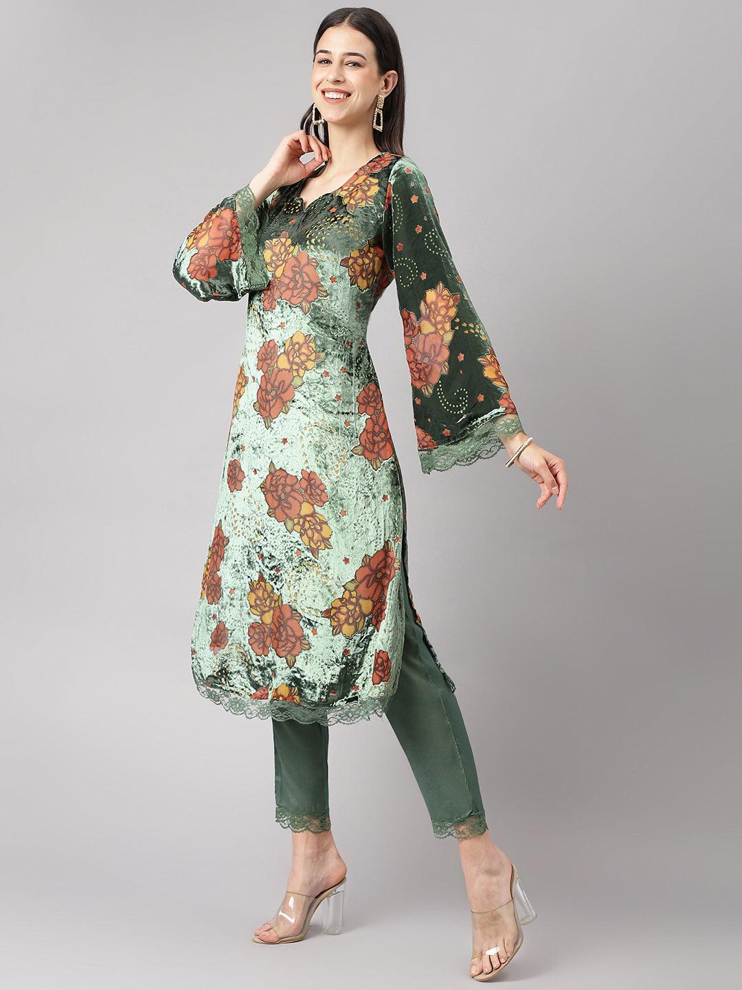 Divena Green Burn out Velvat Kurta Haram Pant with Organza Dupatta - divena world