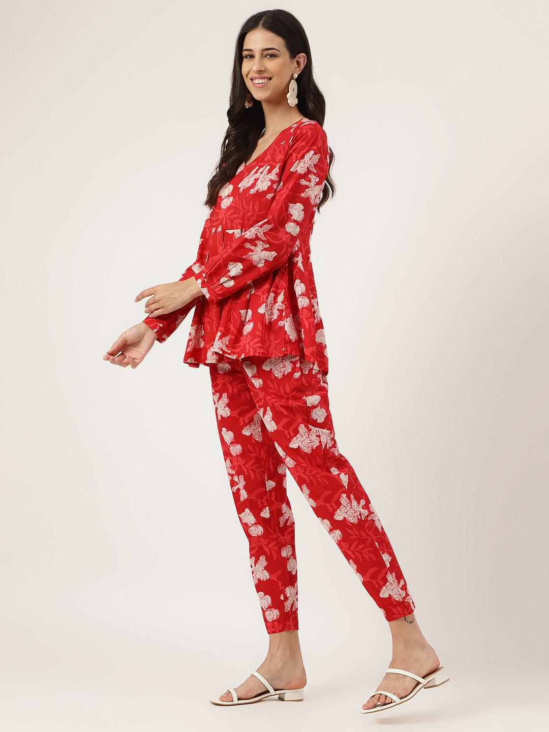 Divena Red Cotton Peplum Top Pant Co-ords Sets - divena world