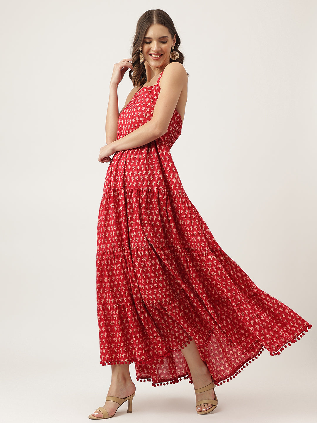 Red Floral Printed Cotton Halter Neck Ethnic Tiered Dress