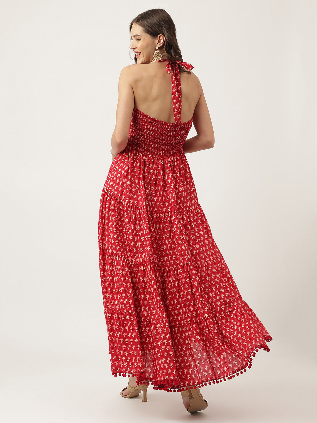 Red Floral Printed Cotton Halter Neck Ethnic Tiered Dress