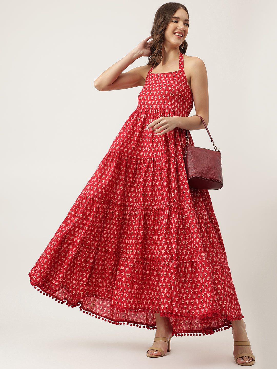 Red Floral Printed Cotton Halter Neck Ethnic Tiered Dress