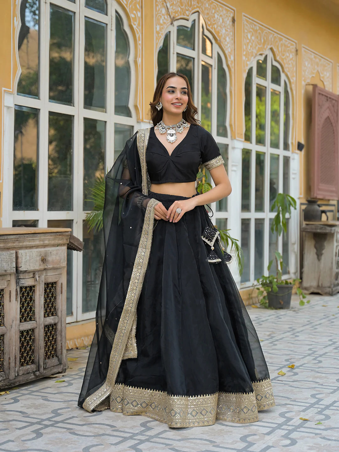 Nayana Black Solid Organza Lehenga With Choli And Dupatta