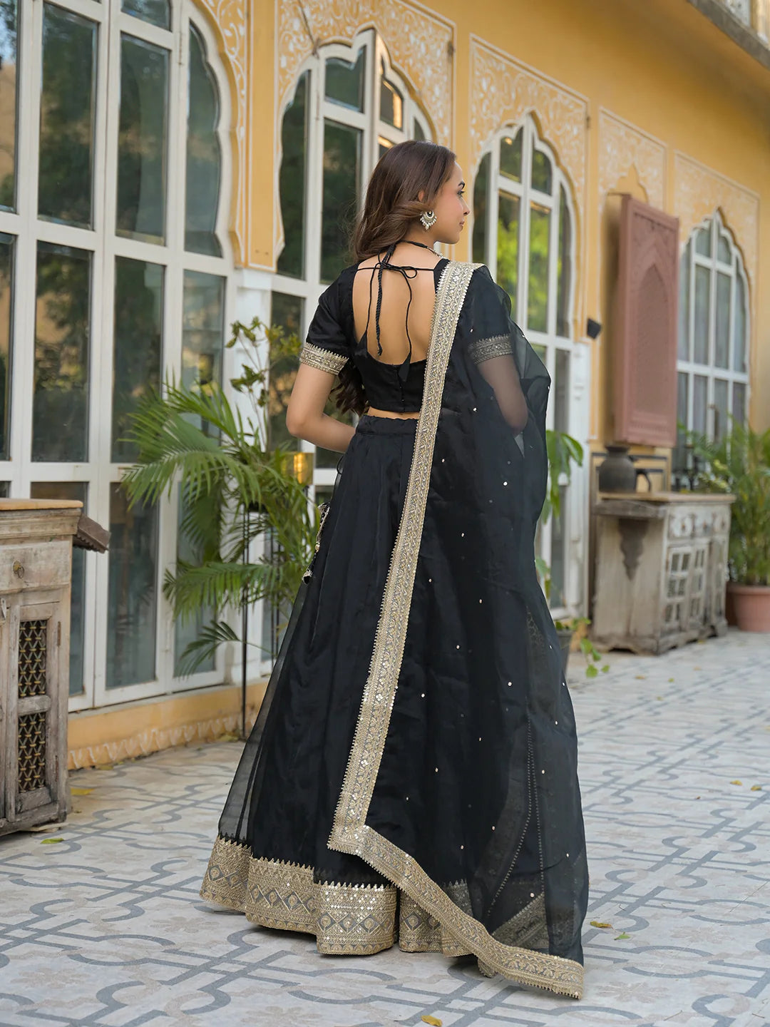Nayana Black Solid Organza Lehenga With Choli And Dupatta