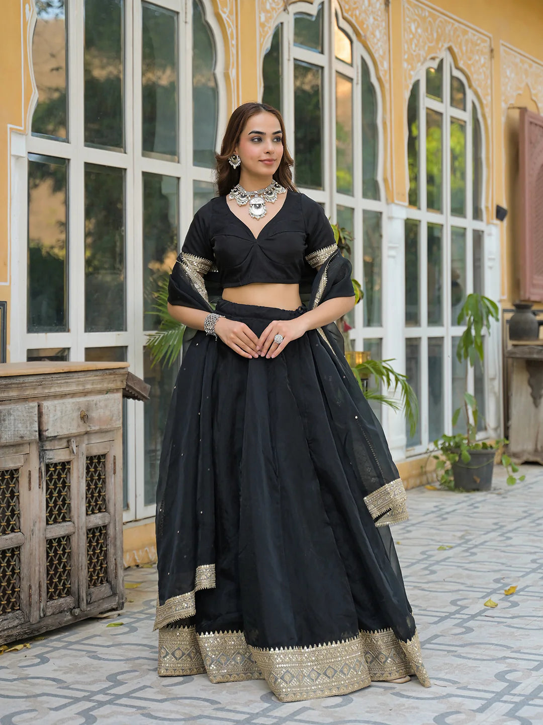 Nayana Black Solid Organza Lehenga With Choli And Dupatta