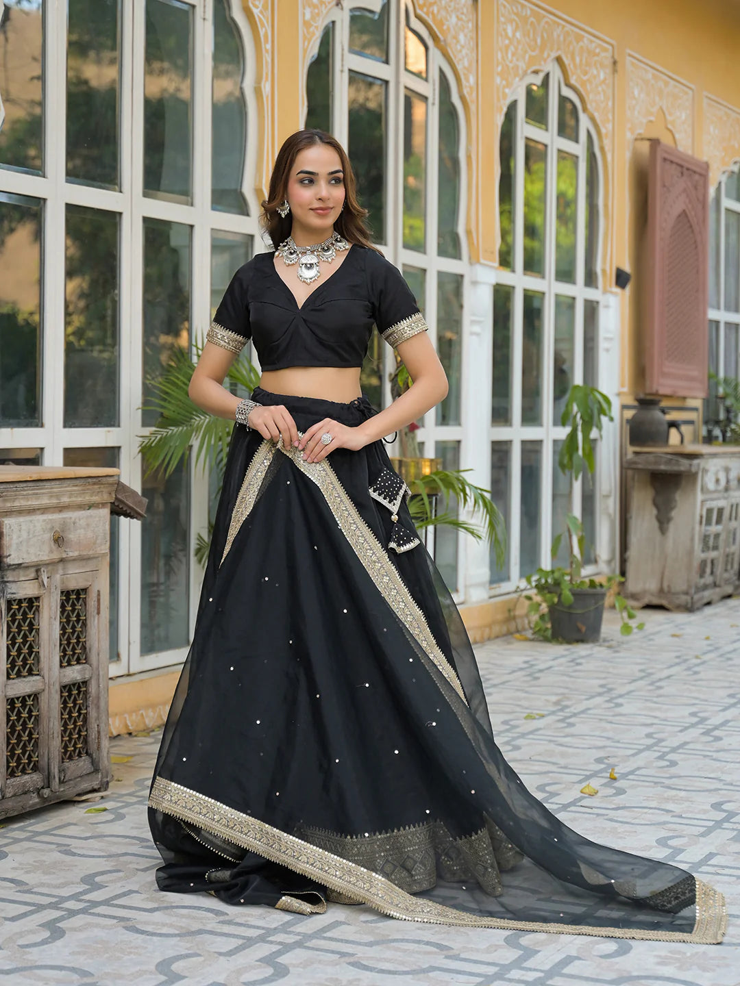 Nayana Black Solid Organza Lehenga With Choli And Dupatta