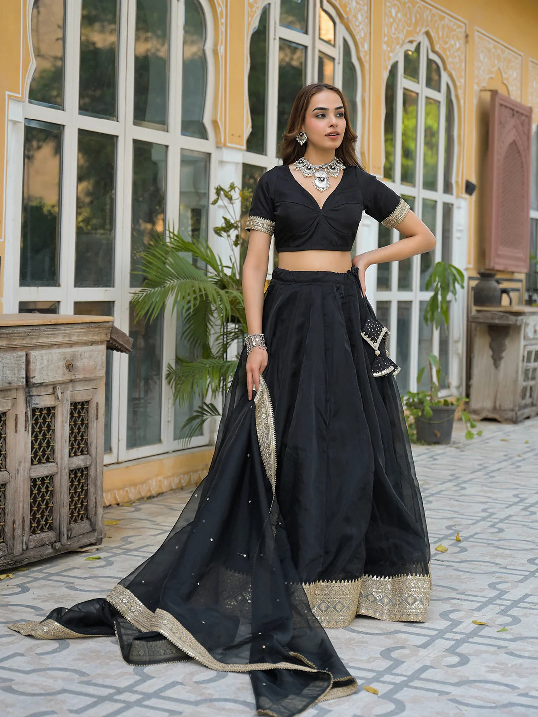 Nayana Black Solid Organza Lehenga With Choli And Dupatta