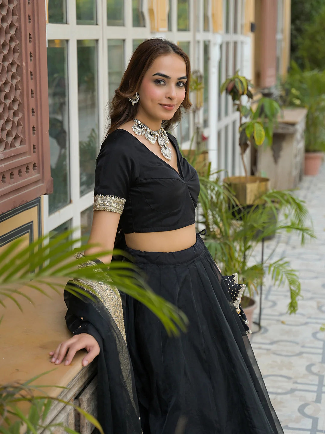 Nayana Black Solid Organza Lehenga With Choli And Dupatta