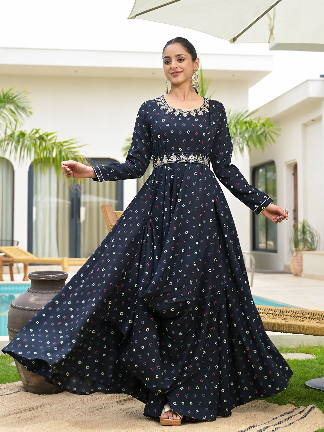 Navy Blue Bandhani Print Flared Long Dress with Belt