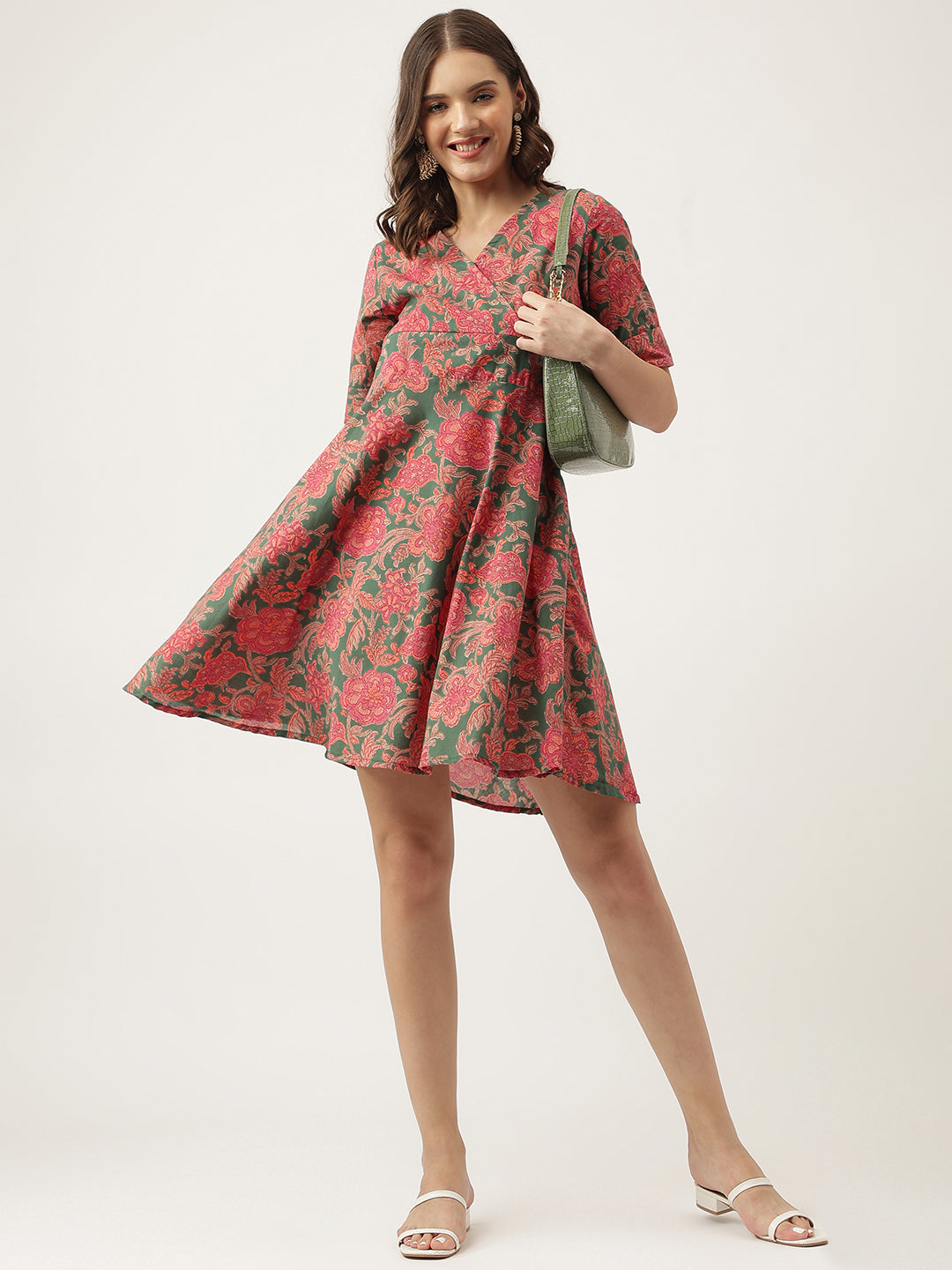 Grey Pink Floral Printed Cotton Fit & Flare Mini Dress