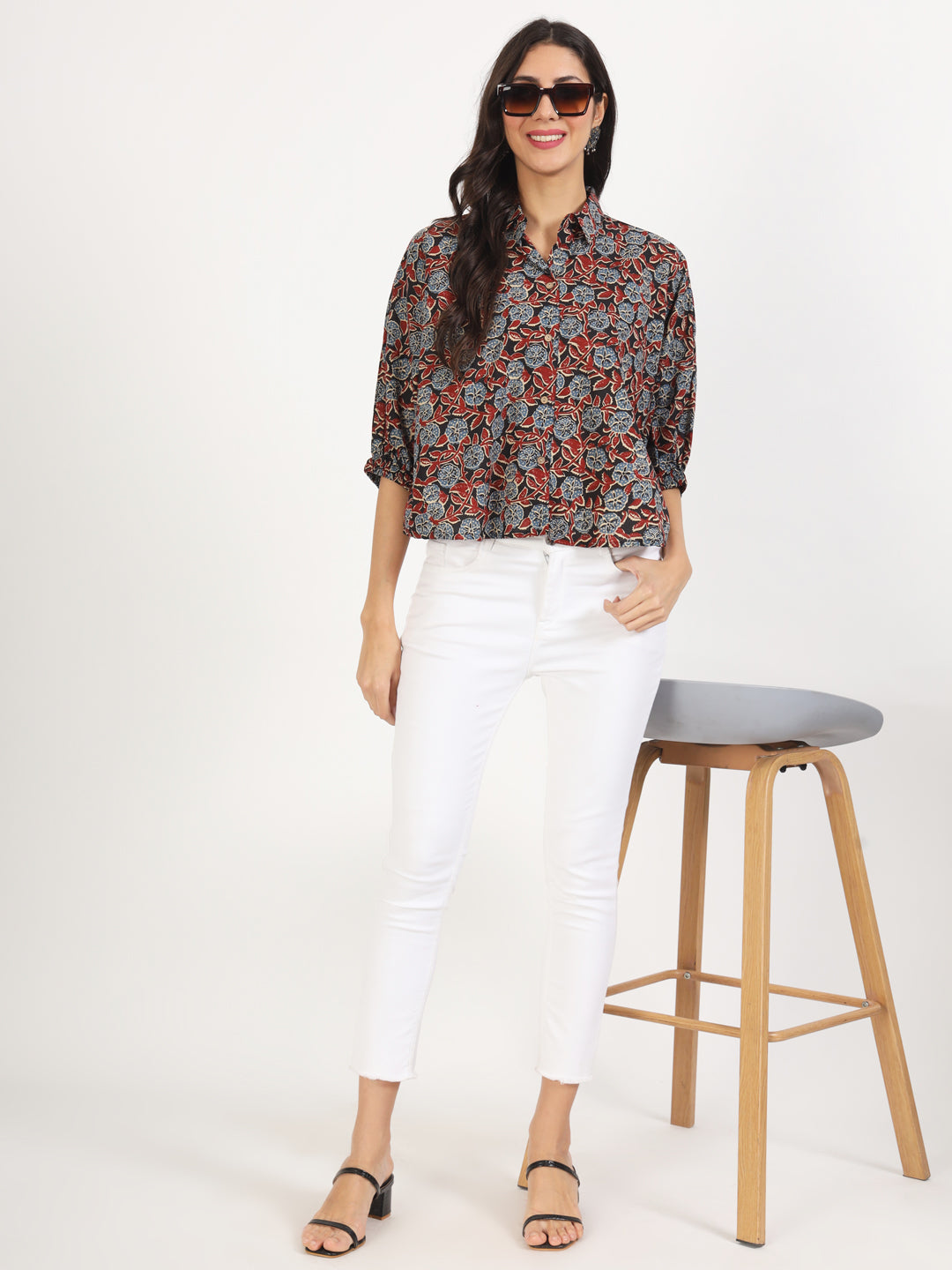 Black Floral Printed Cotton Shirt