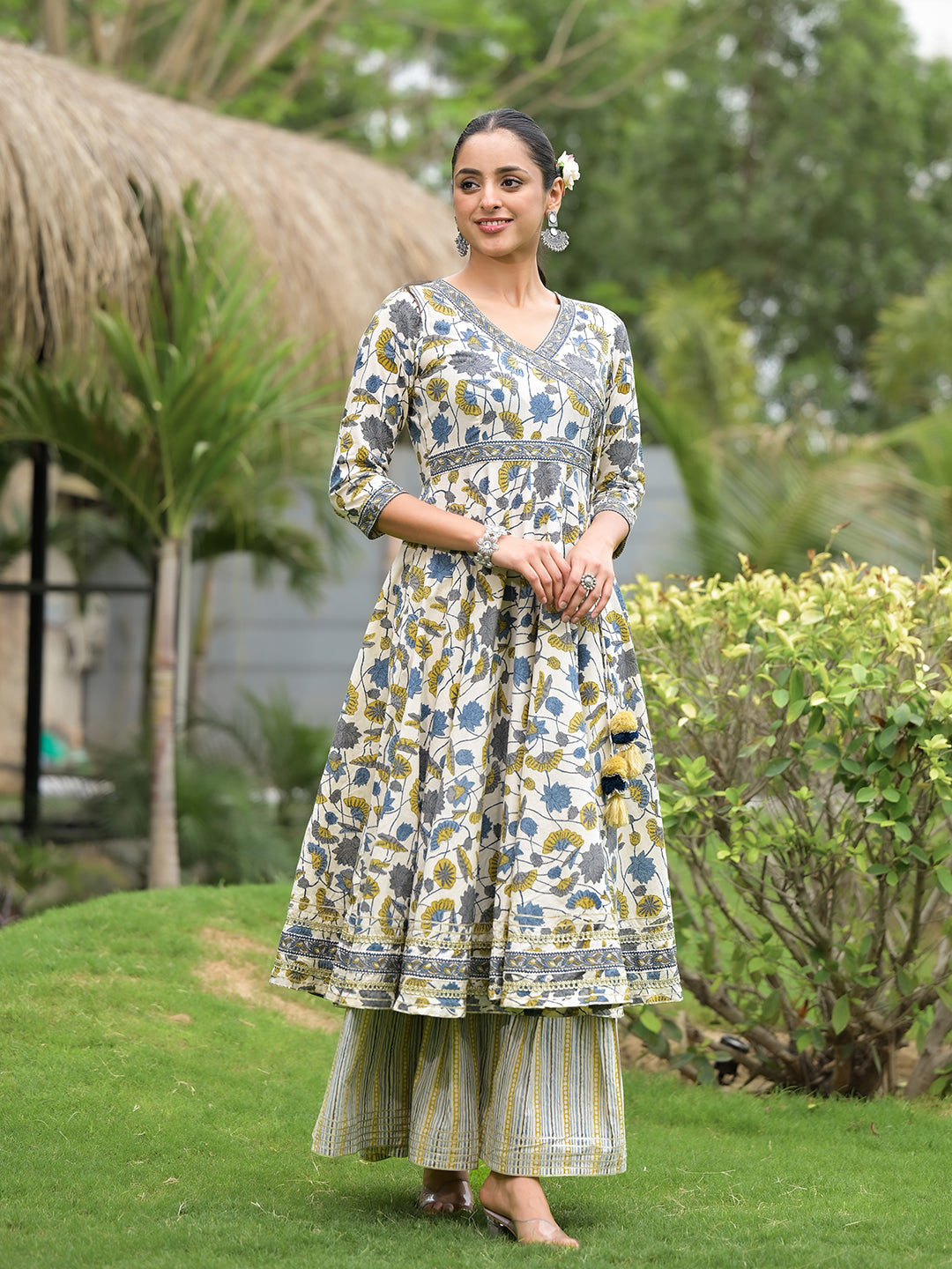 Off White Floral Print Cotton Kurta Sharara set for women