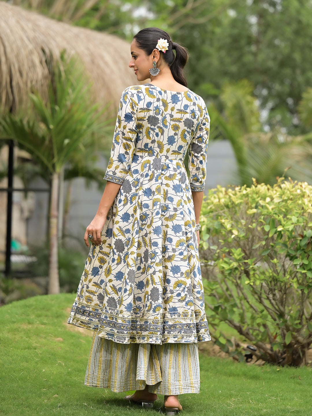 Off White Floral Print Cotton Kurta Sharara set for women