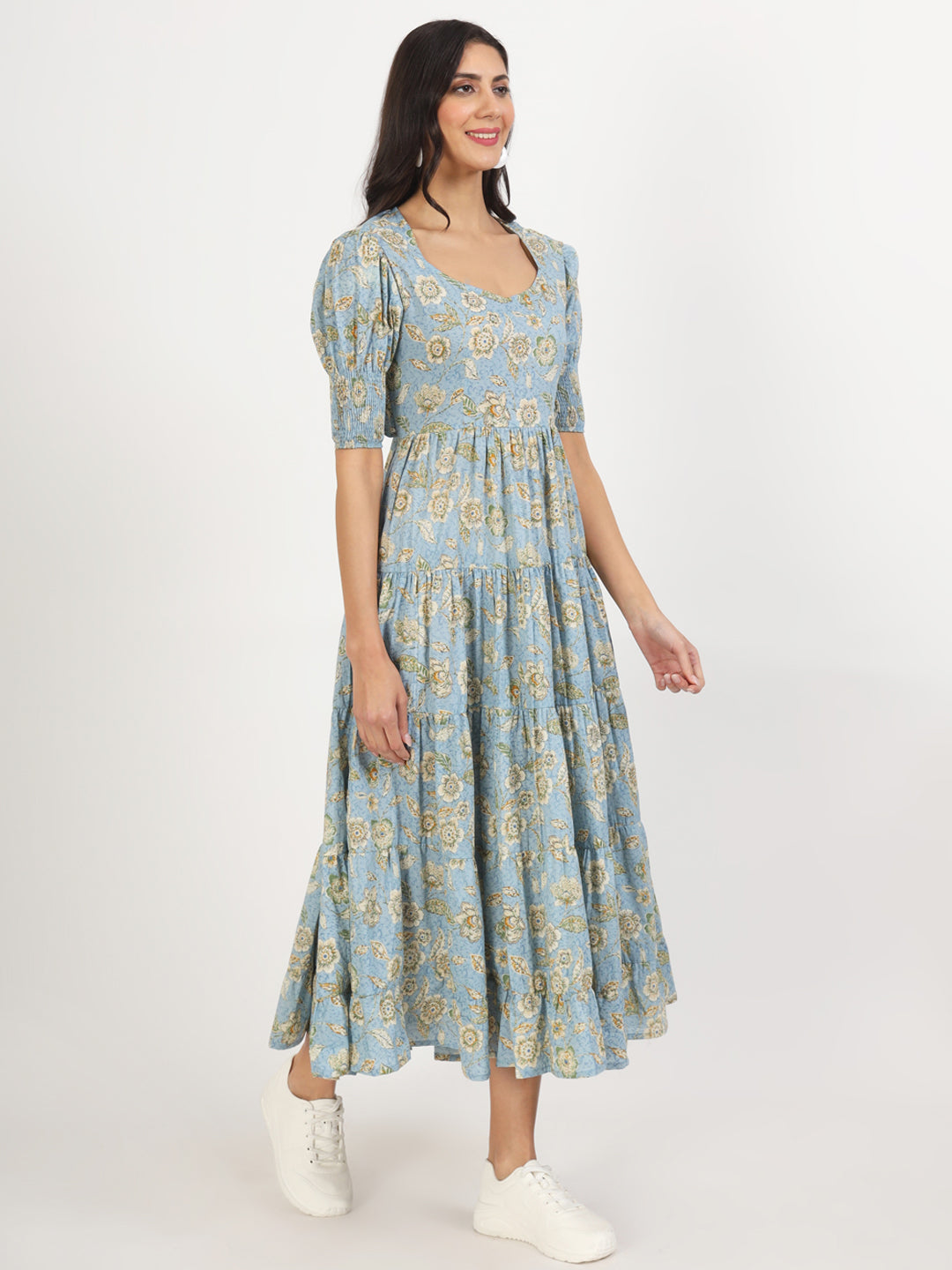 Sky Blue Floral Printed Calf length Dress