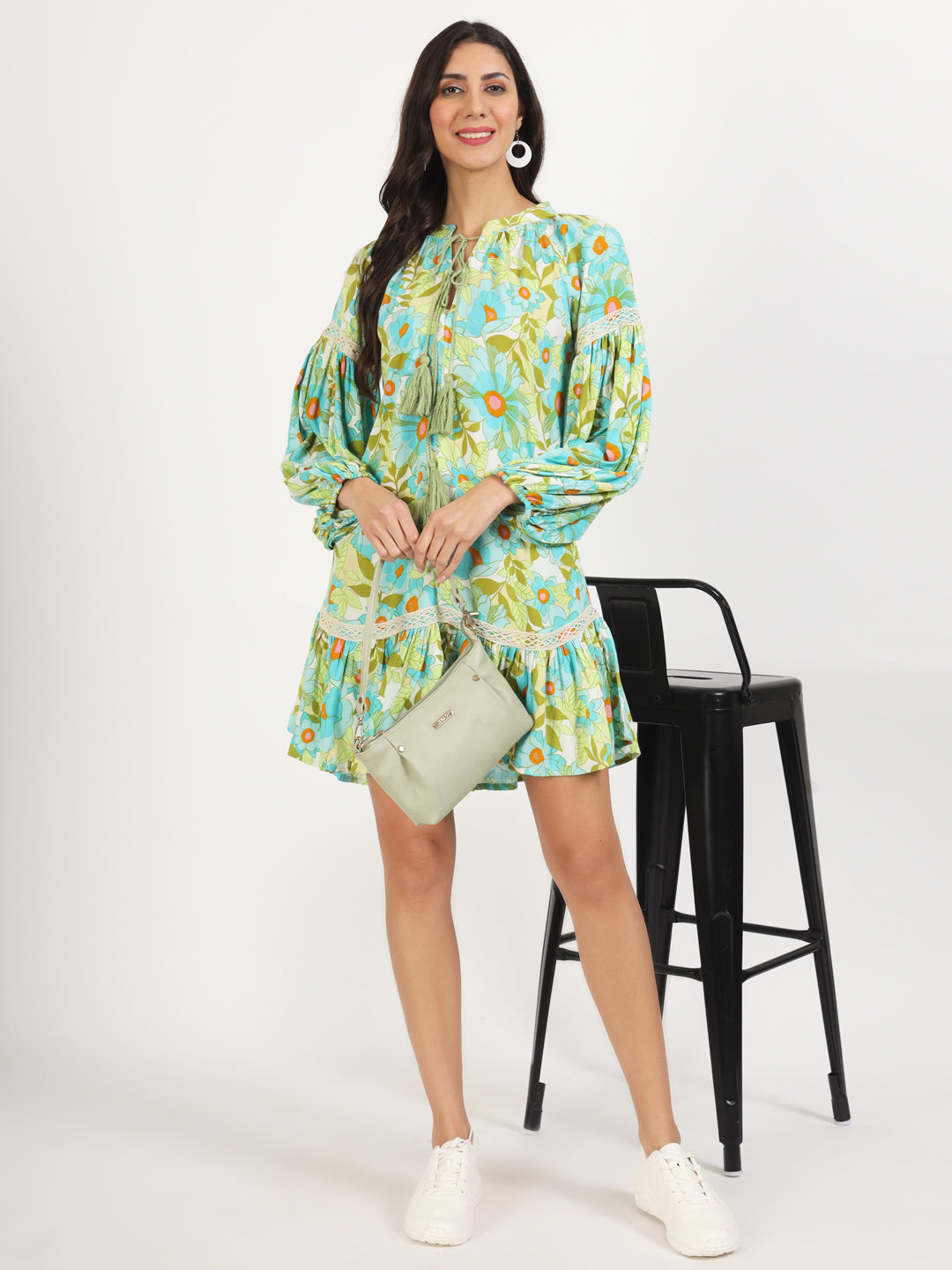 Green Floral Printed Rayon Dress