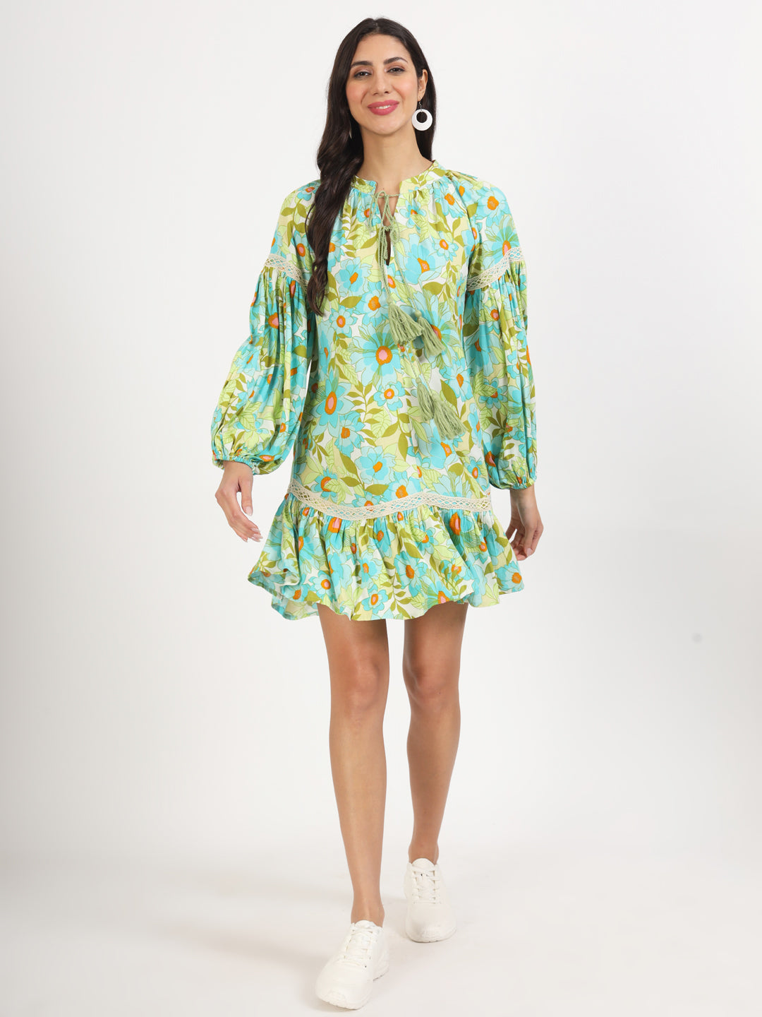 Green Floral Printed Rayon Dress