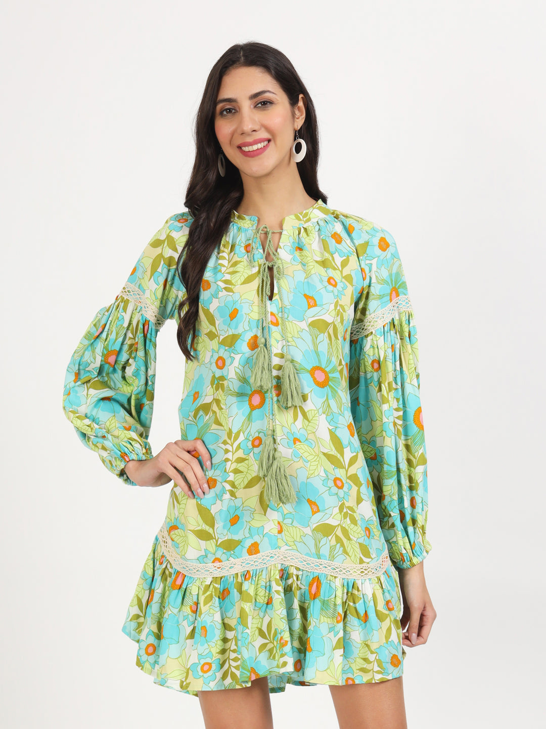 Green Floral Printed Rayon Dress