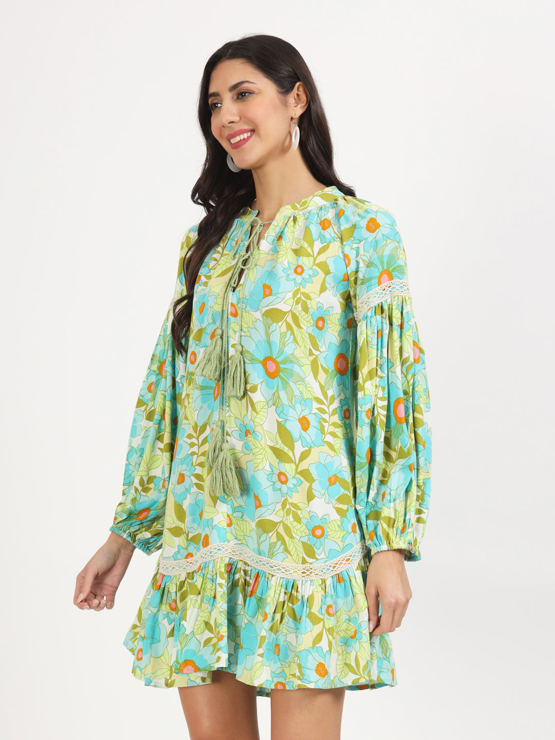 Green Floral Printed Rayon Dress