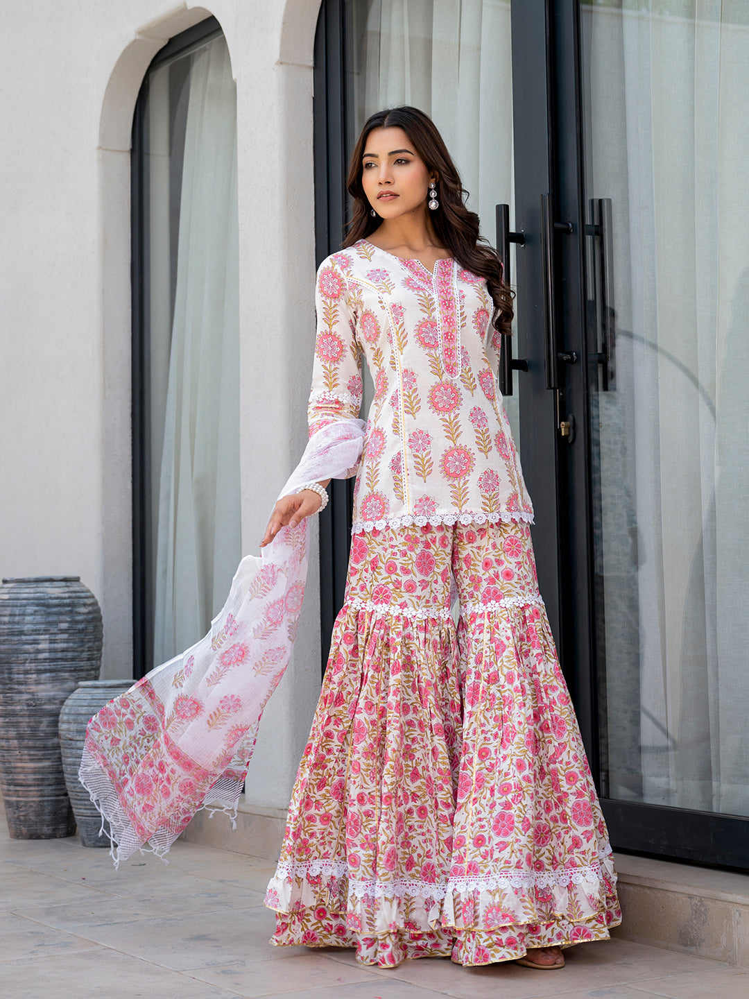 White Floral Print Pure Cotton Kurta Sharara Set for Women