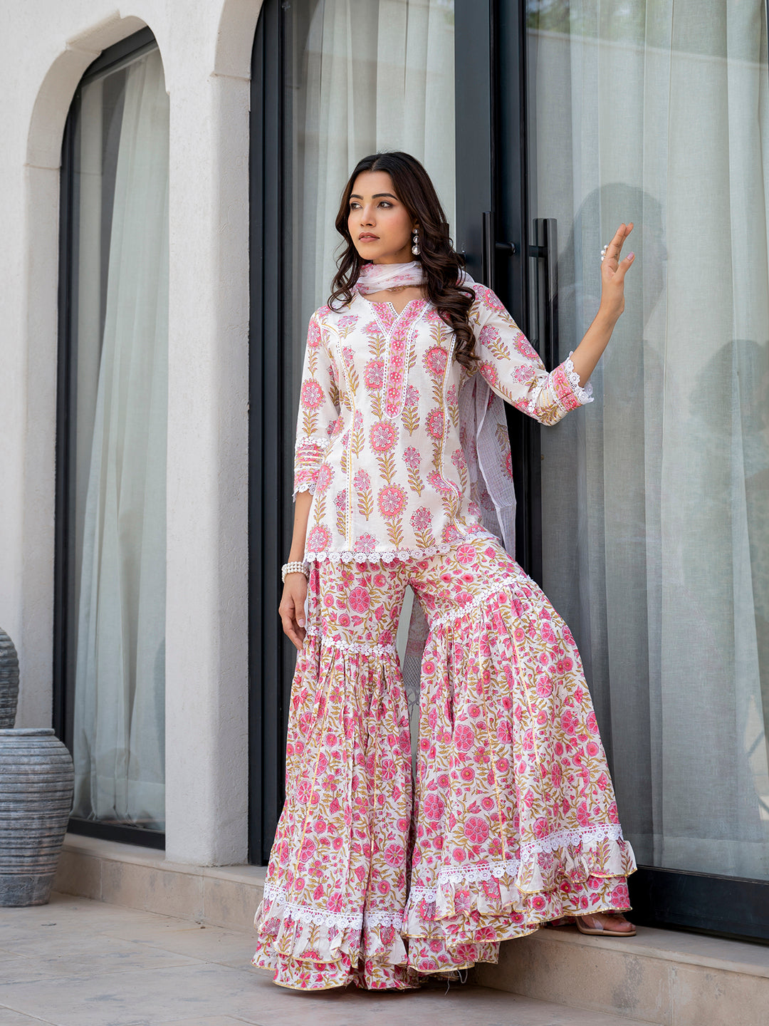 White Floral Print Pure Cotton Kurta Sharara Set for Women