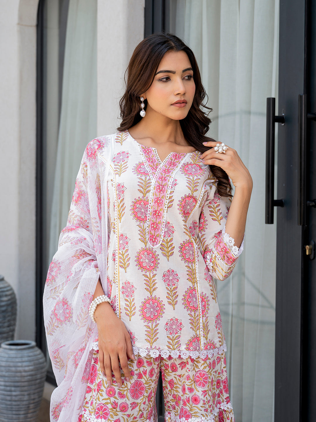 White Floral Print Pure Cotton Kurta Sharara Set for Women