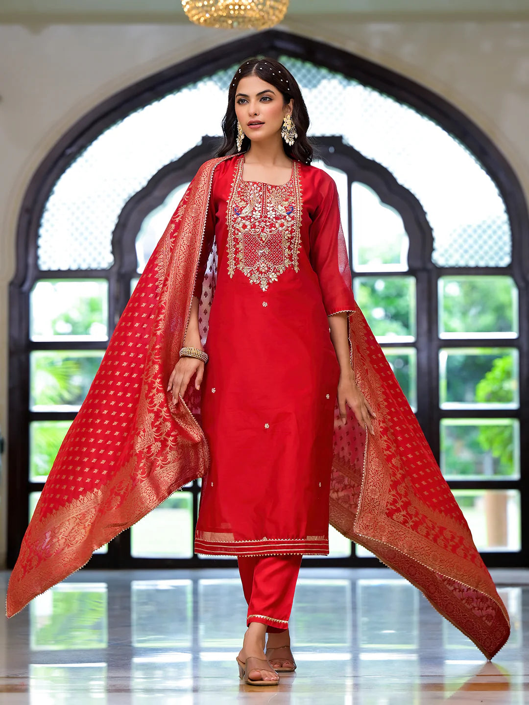 Sartaj Red Embroidered Chanderi Silk Kurta pants with Banarashi Dupatta