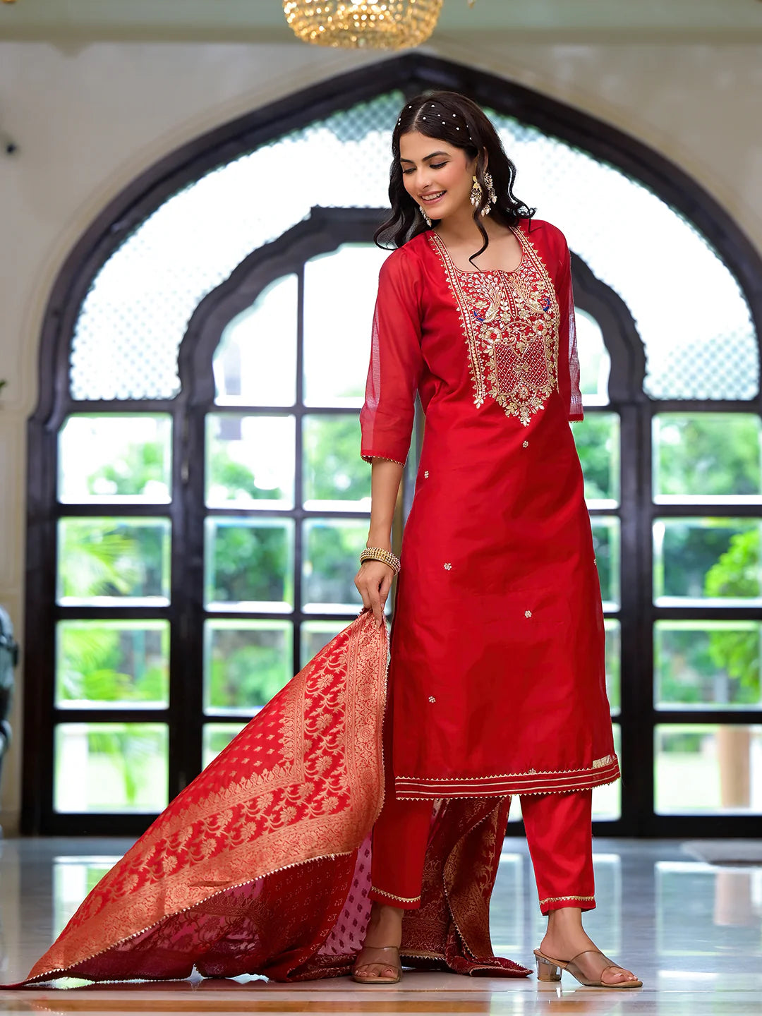 Sartaj Red Embroidered Chanderi Silk Kurta pants with Banarashi Dupatta