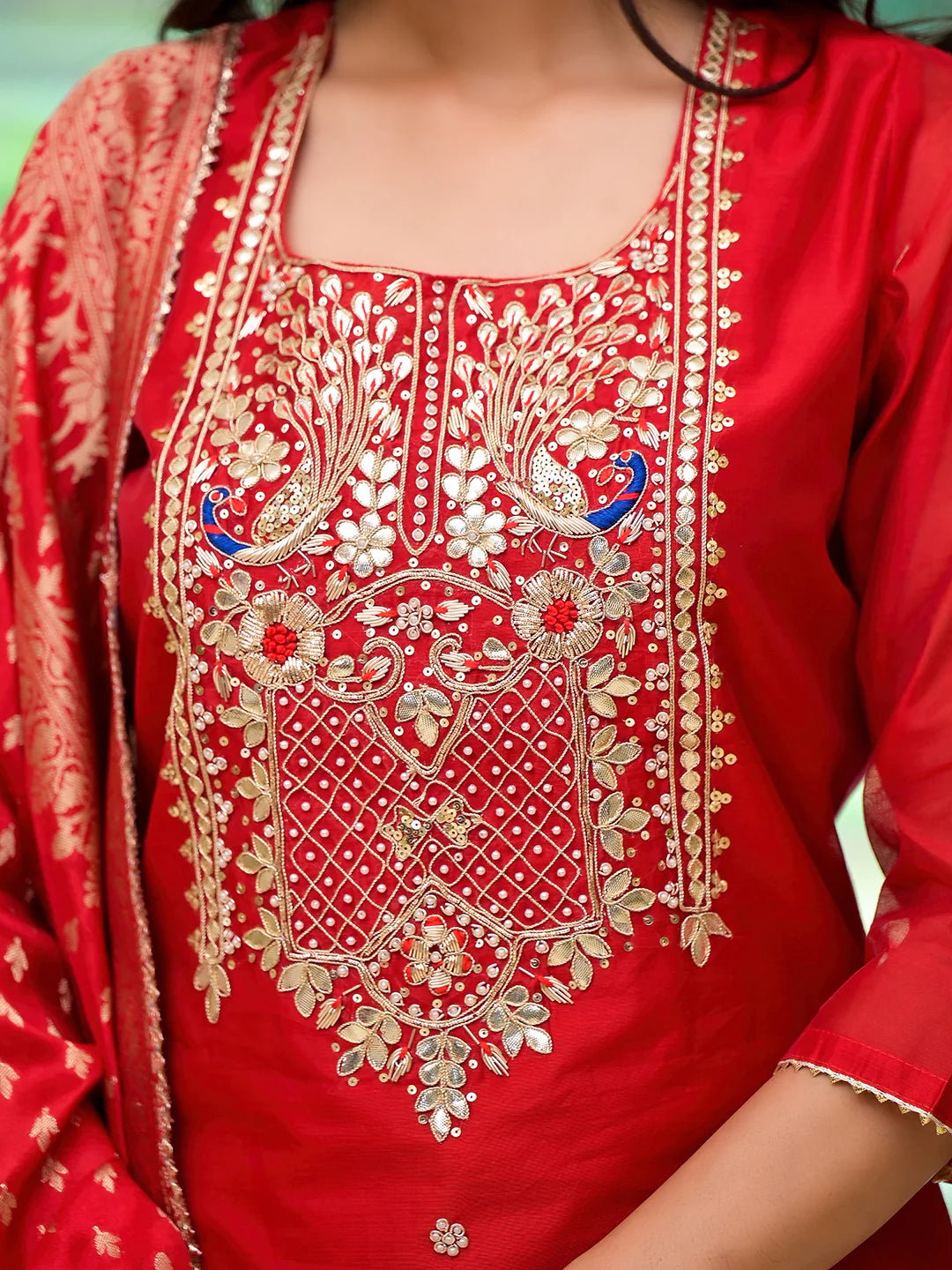 Sartaj Red Embroidered Chanderi Silk Kurta pants with Banarashi Dupatta