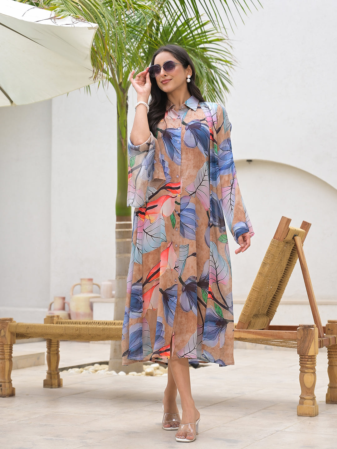 Blue Multi Digital Printed Chinon Kaftan Dress