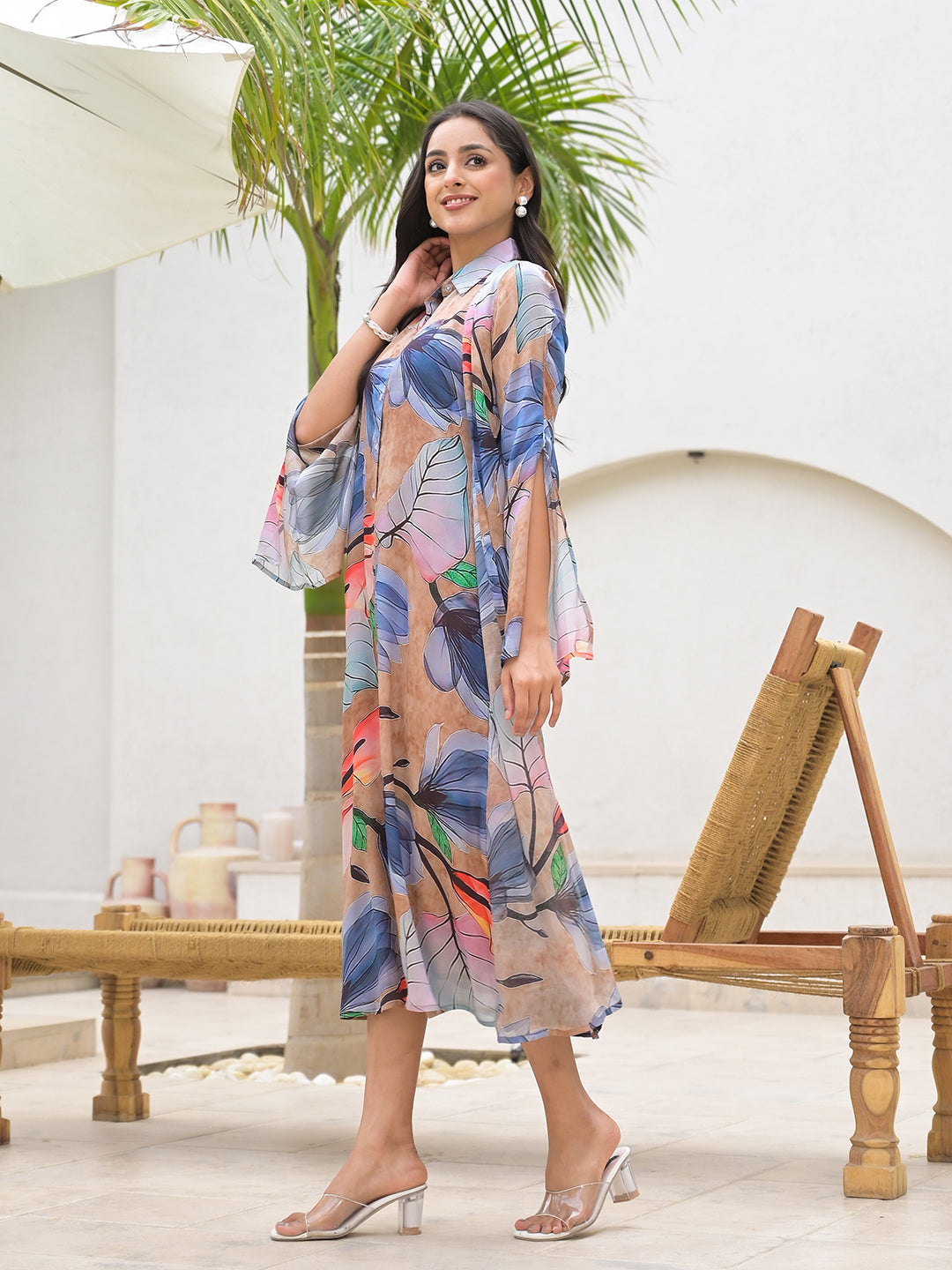 Blue Multi Digital Printed Chinon Kaftan Dress