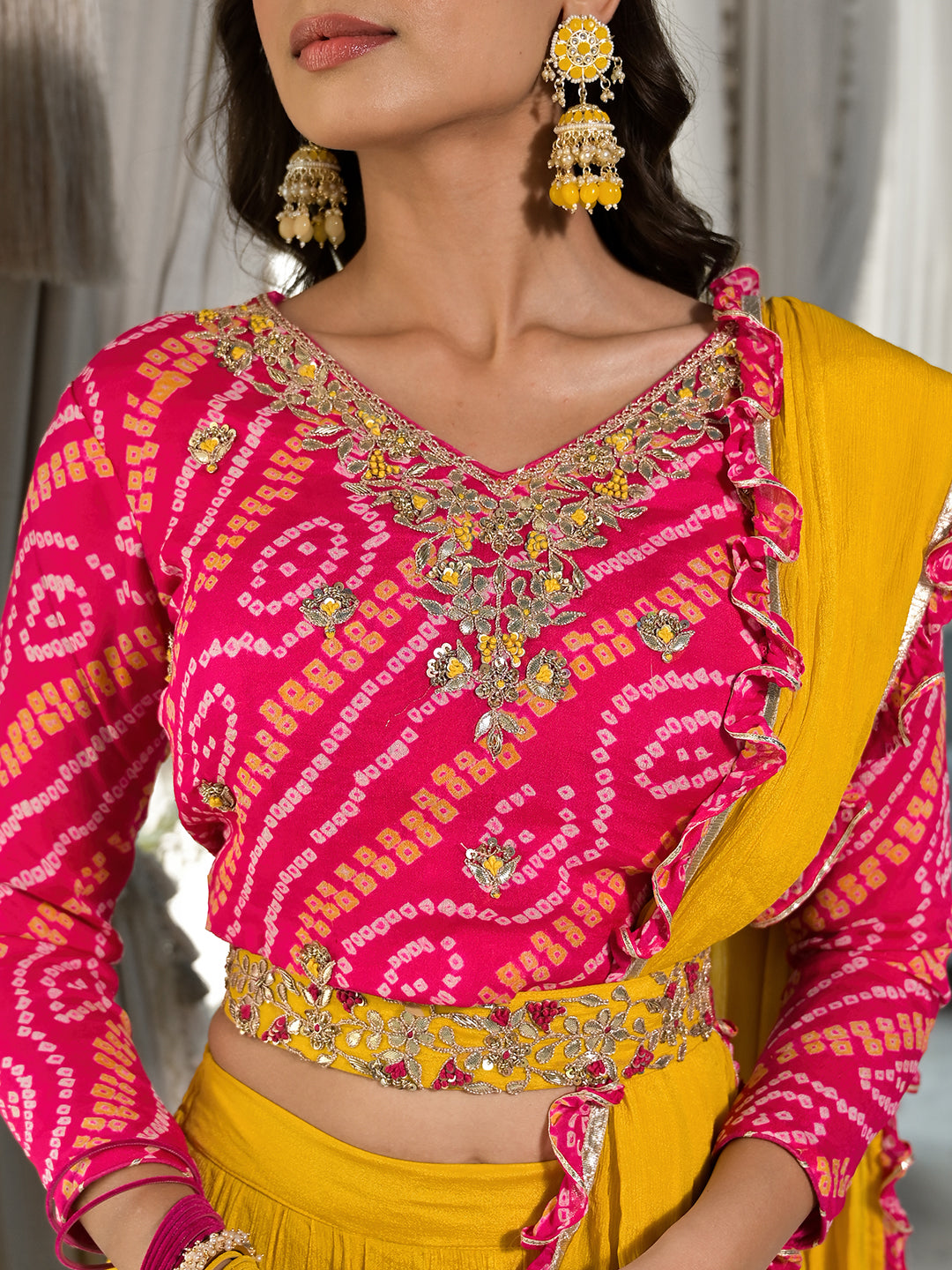 Mustard Yellow Bandhani print with Zardozi & Gota Work Pure Chinon Fabric Lehenga Crop Top with Dupatta