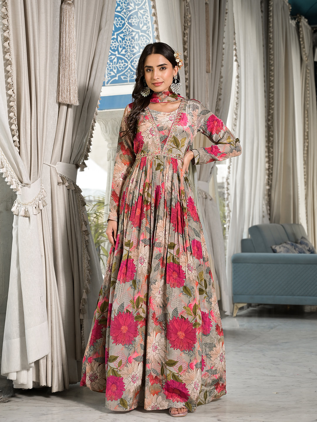 Pink Multi Digital Print Pure Crepe Long Party dress with Dupatta