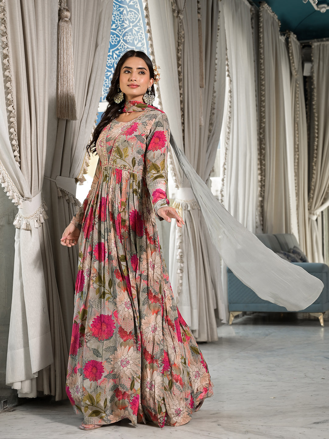 Pink Multi Digital Print Pure Crepe Long Party dress with Dupatta