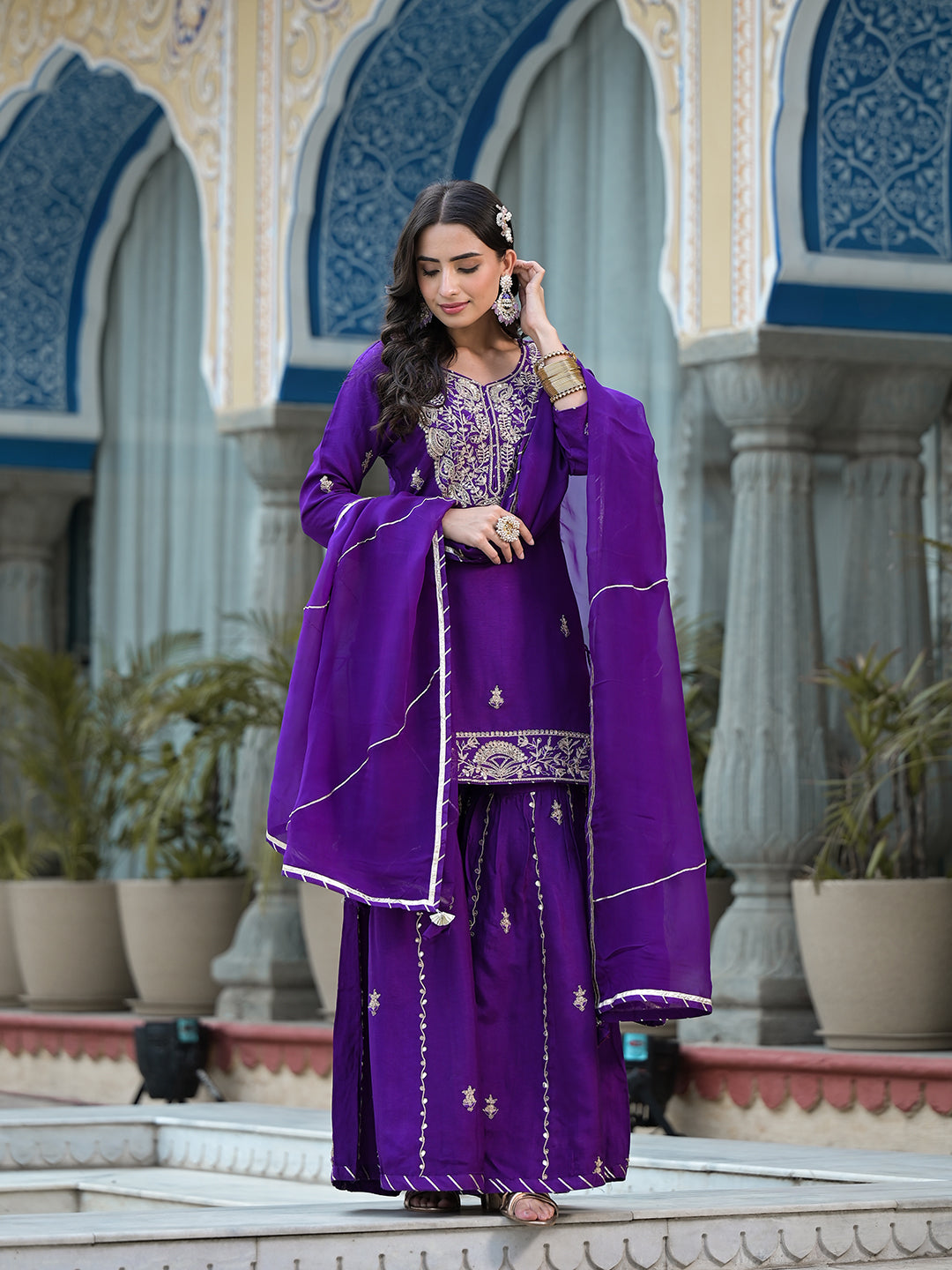 Purple Marodi Hand Work Russian Silk Kurta Sharara Set with Organza Dupatta