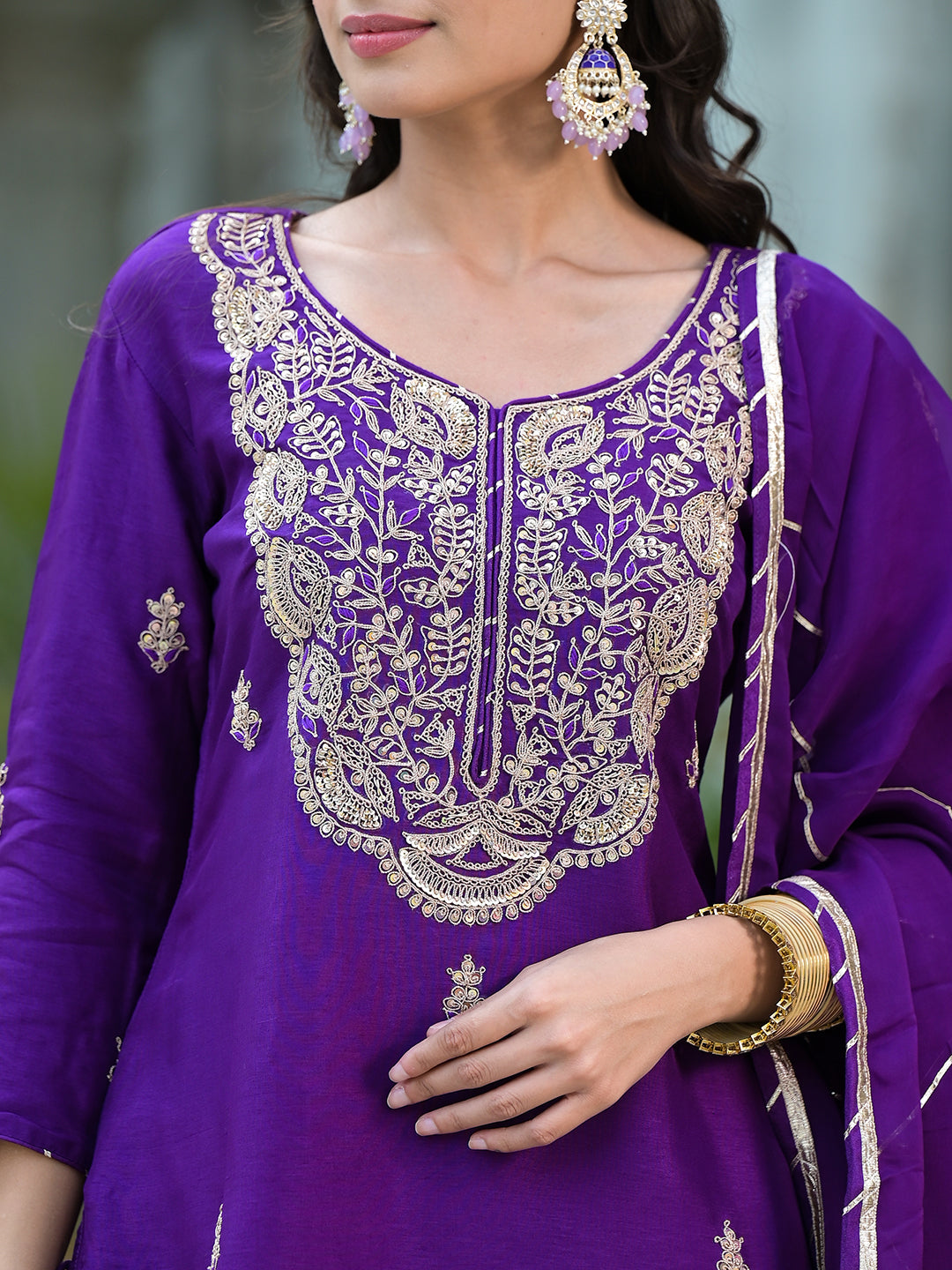 Purple Marodi Hand Work Russian Silk Kurta Sharara Set with Organza Dupatta