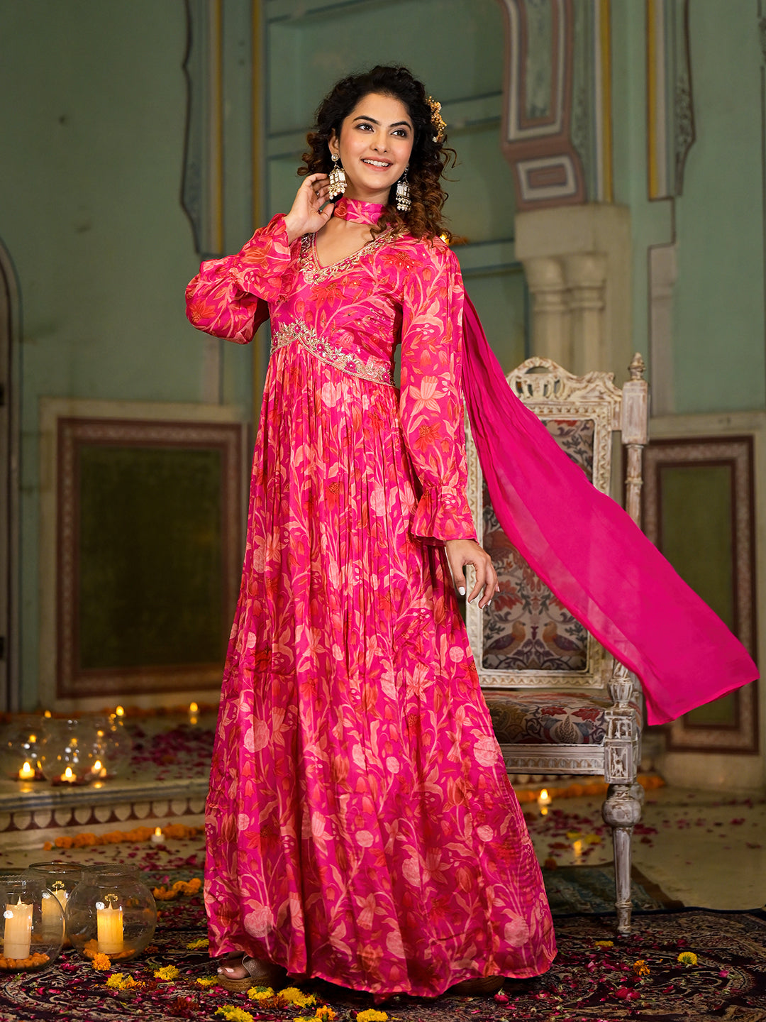 Rani Pink Digital Print Zardozi Work Chinon fabric Long Party Dress with Organza Dupatta