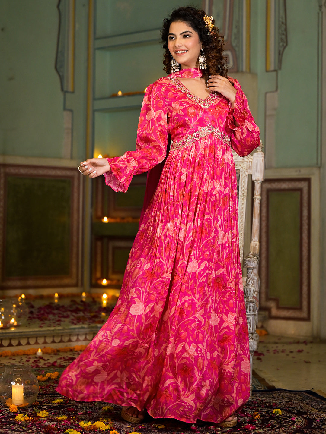 Rani Pink Digital Print Zardozi Work Chinon fabric Long Party Dress with Organza Dupatta