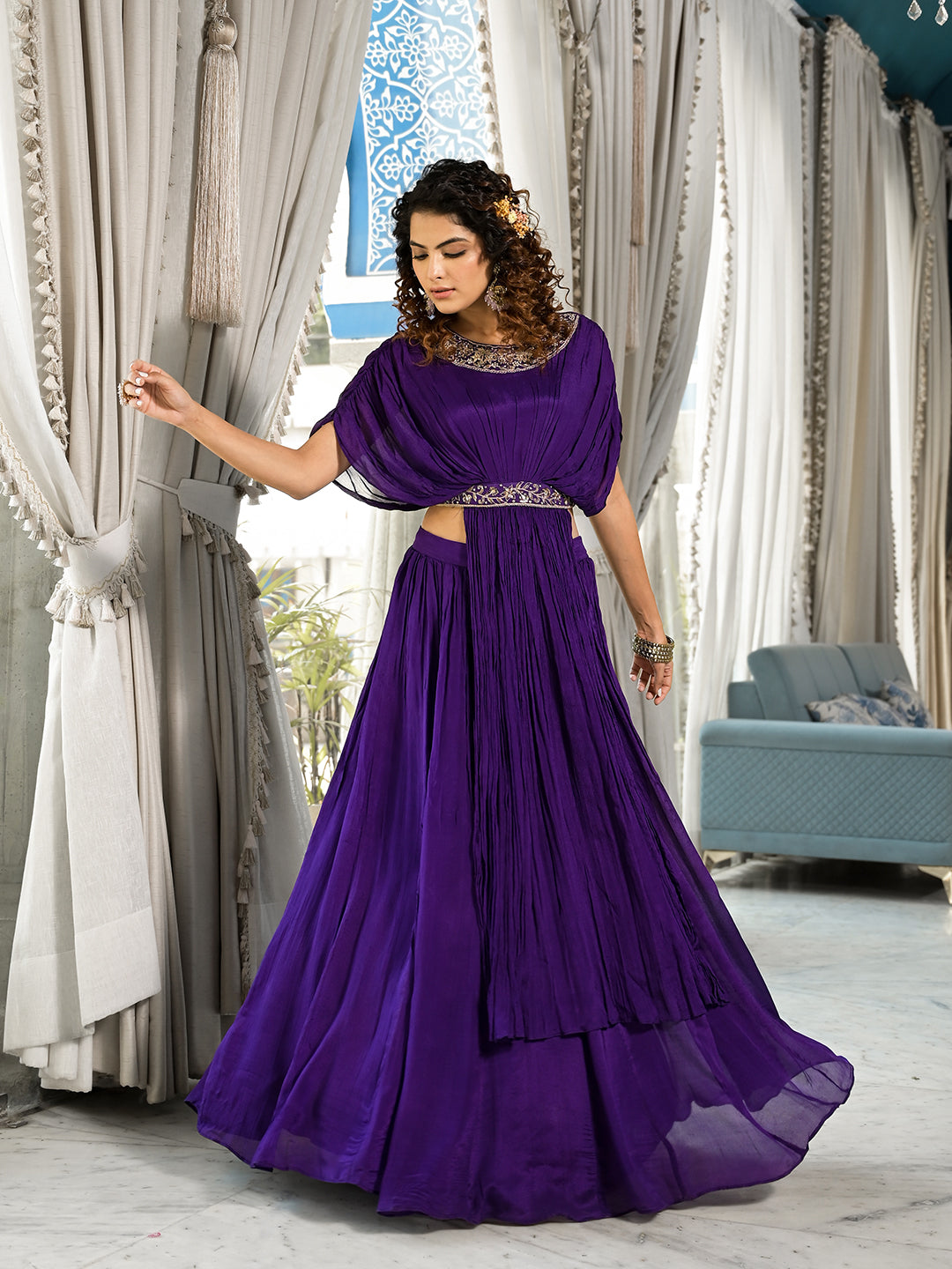 Purple Zardozi Work Chinon Fabric Crop Top with Lehenga