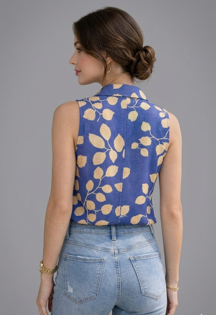 Dora Stylish Collar Floral Printed Sleeveless Shirt