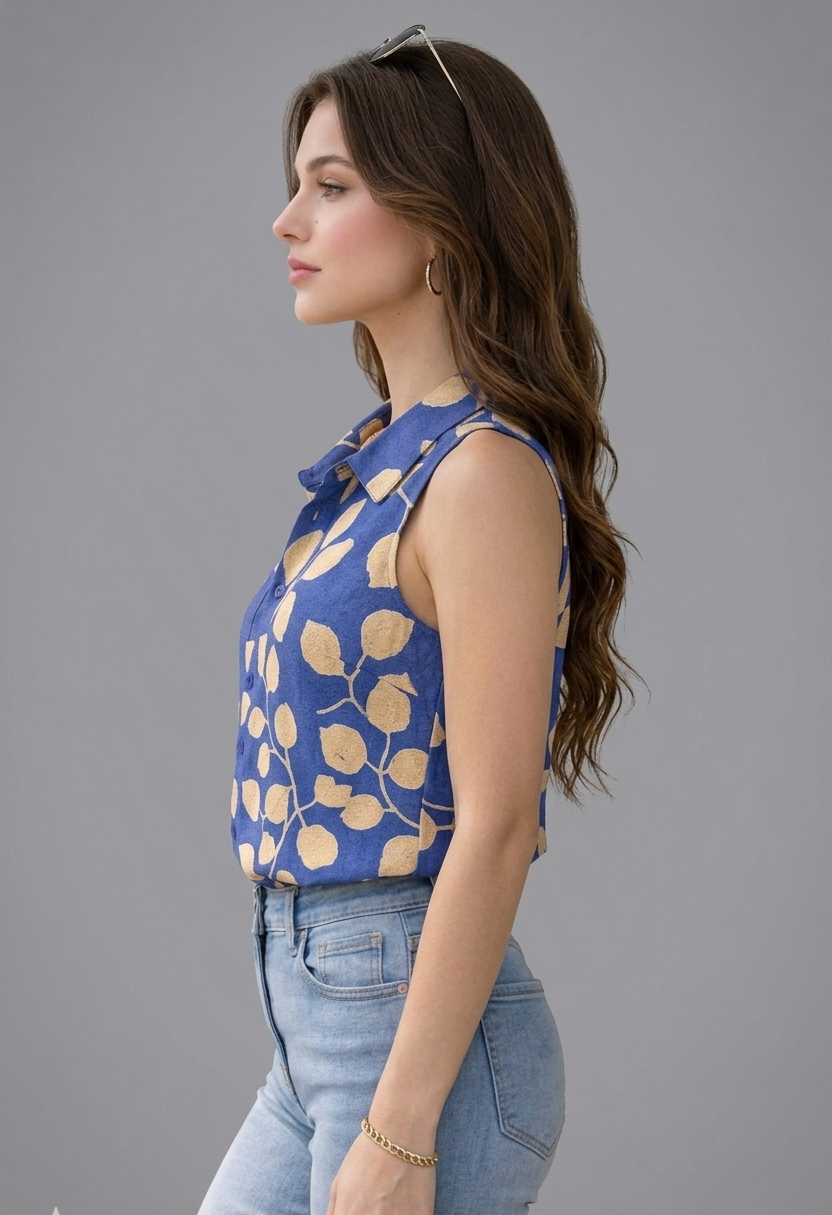 Dora Stylish Collar Floral Printed Sleeveless Shirt