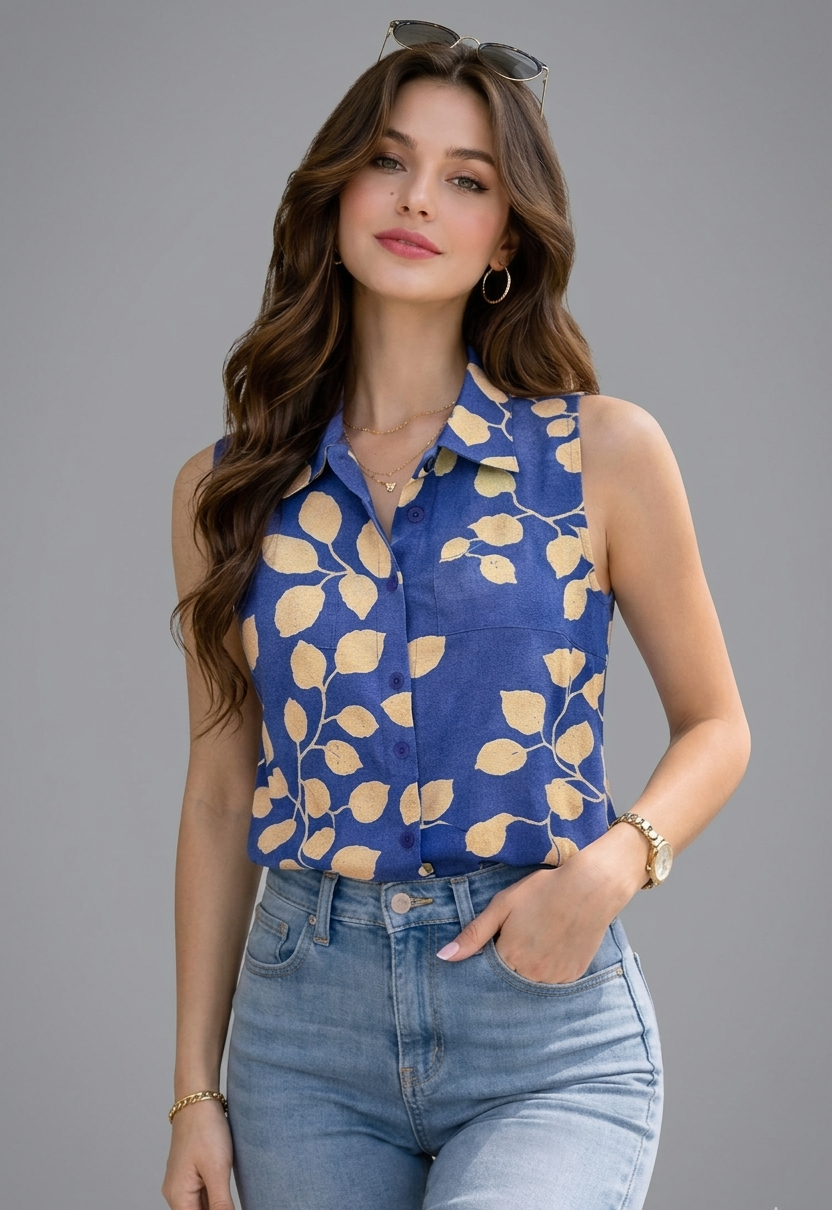 Dora Stylish Collar Floral Printed Sleeveless Shirt