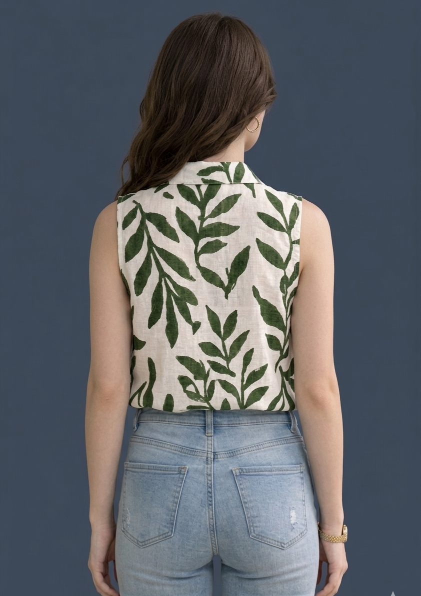Dora Stylish Collar Floral Printed Sleeveless Shirt